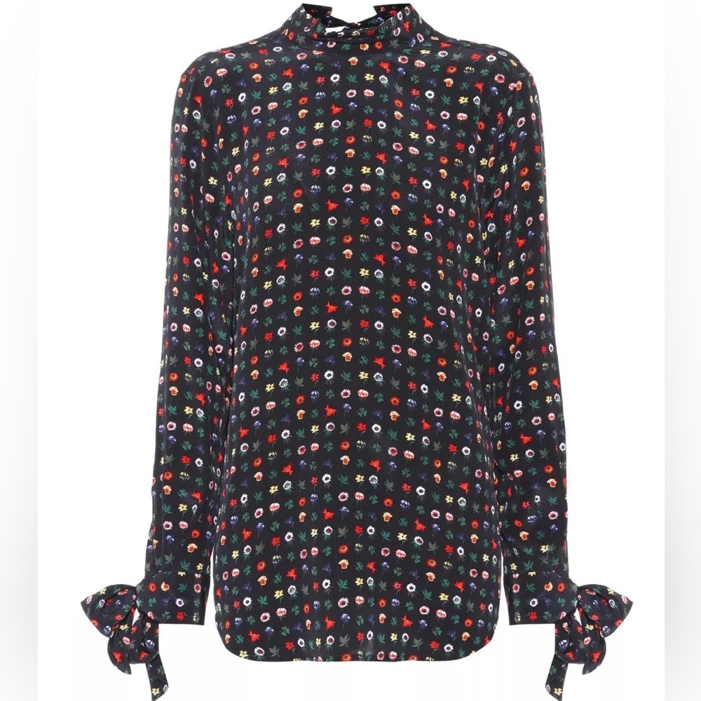 Equipment France Aurora multi floral black silk blouse mock neck bow top XL